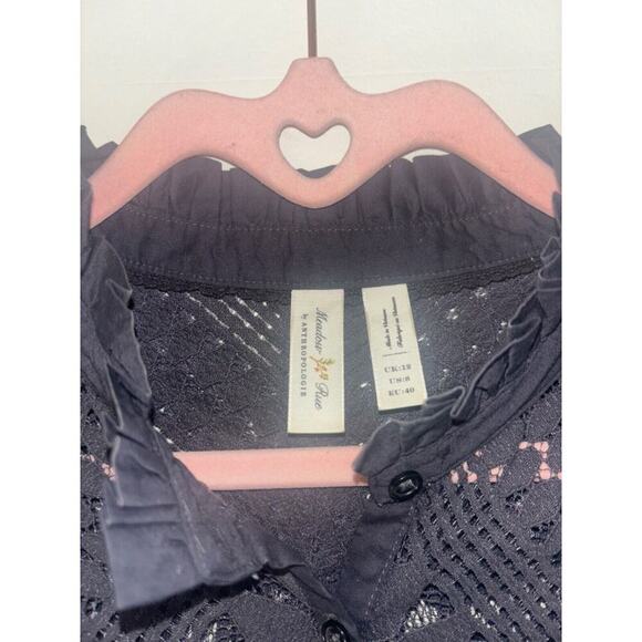 Anthropologie Lace Button Down Top Gray Geometric Blouse Size 8 Office Boho Folk - Picture 2 of 6